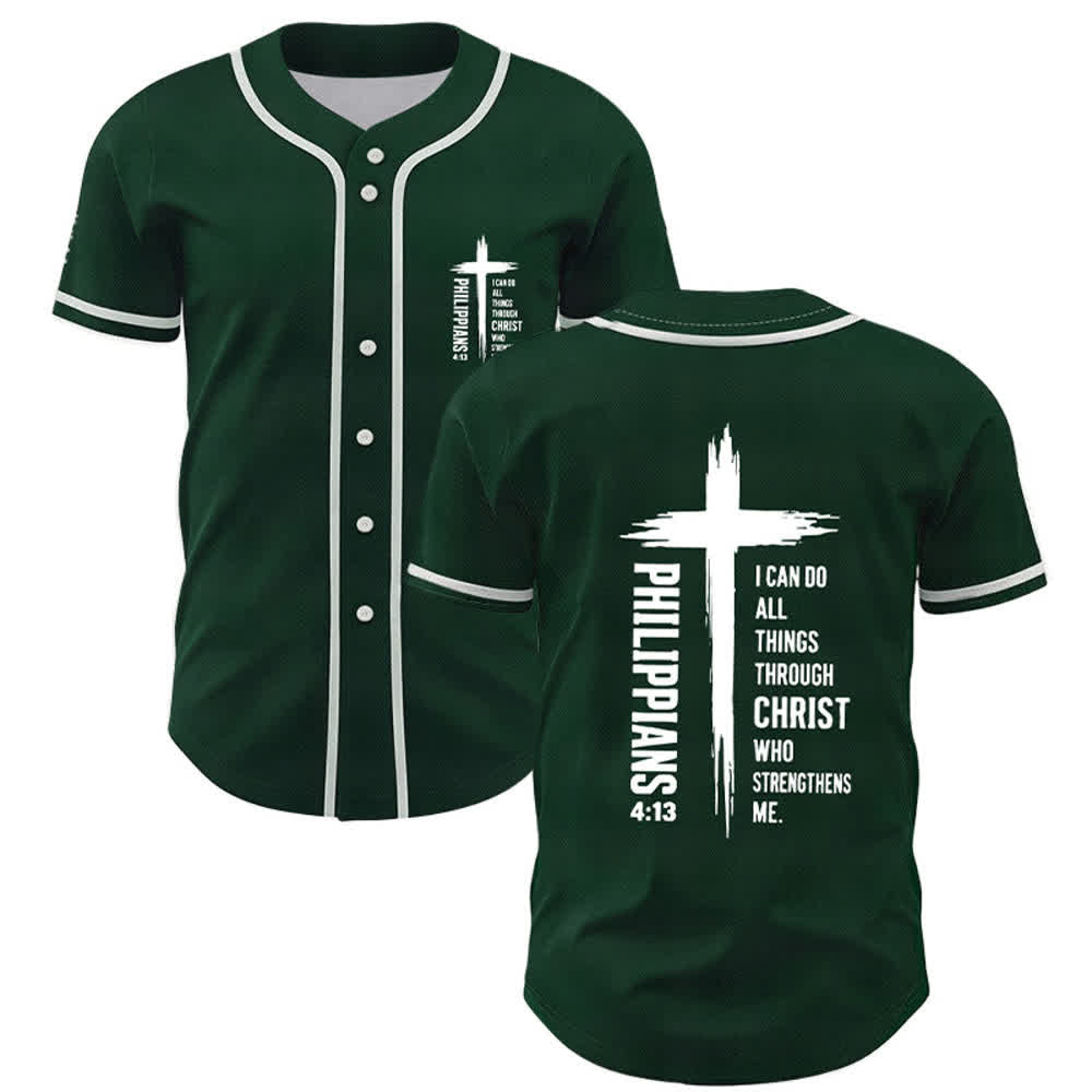 Christianartworkshop Philippians 4:13 Cross Graphic Contrast Trim Baseball Jersey - Green - 5XL - image 14