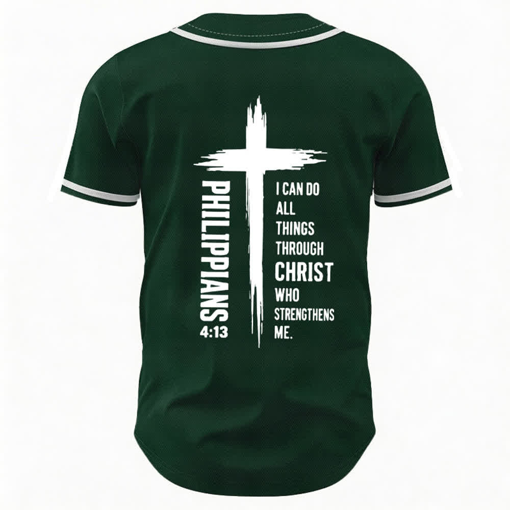 Christianartworkshop Philippians 4:13 Cross Graphic Contrast Trim Baseball Jersey - image 15