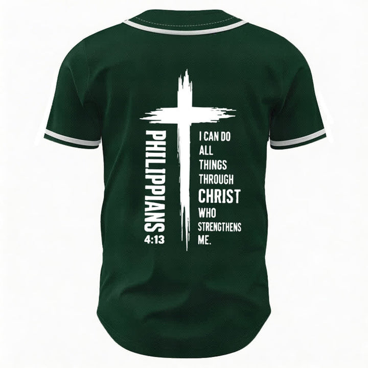 Christianartworkshop Philippians 4:13 Cross Graphic Contrast Trim Baseball Jersey - image 15