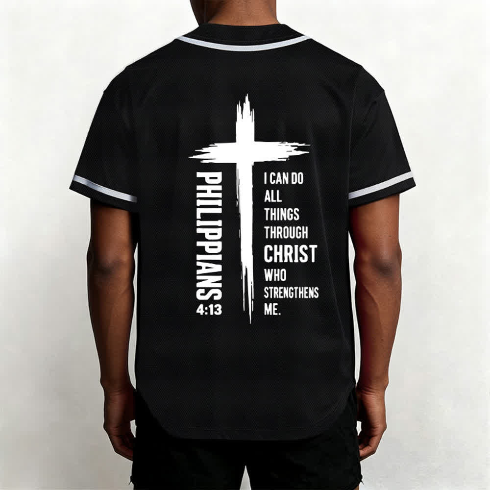 Christianartworkshop Philippians 4:13 Cross Graphic Contrast Trim Baseball Jersey - image 12
