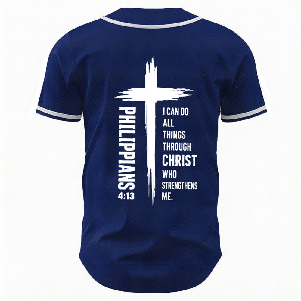 Christianartworkshop Philippians 4:13 Cross Graphic Contrast Trim Baseball Jersey - image 29