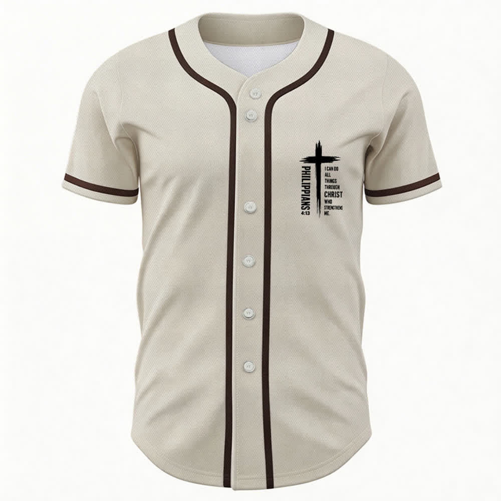 Christianartworkshop Philippians 4:13 Cross Graphic Contrast Trim Baseball Jersey - image 23