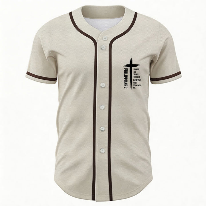Christianartworkshop Philippians 4:13 Cross Graphic Contrast Trim Baseball Jersey - image 23