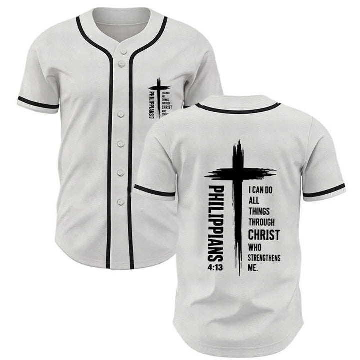 Christianartworkshop Philippians 4:13 Cross Graphic Contrast Trim Baseball Jersey - White - 5XL - image 35