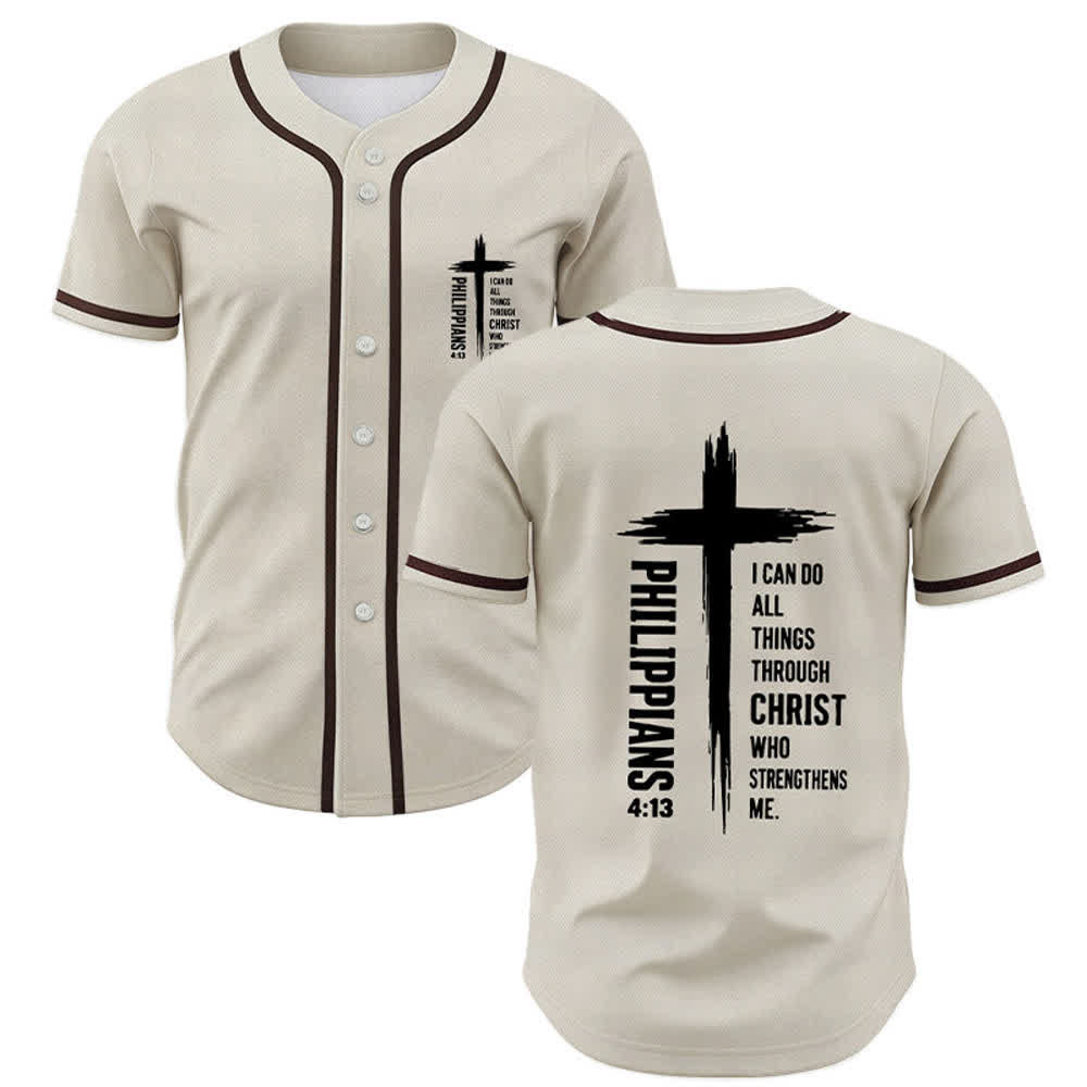 Christianartworkshop Philippians 4:13 Cross Graphic Contrast Trim Baseball Jersey - Beige - 5XL - image 21