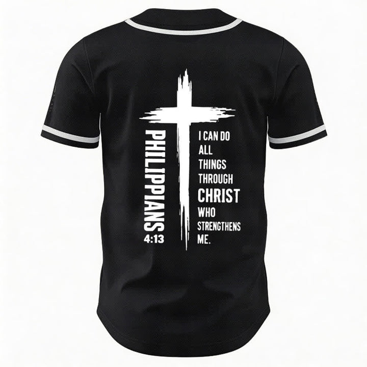 Christianartworkshop Philippians 4:13 Cross Graphic Contrast Trim Baseball Jersey - image 8