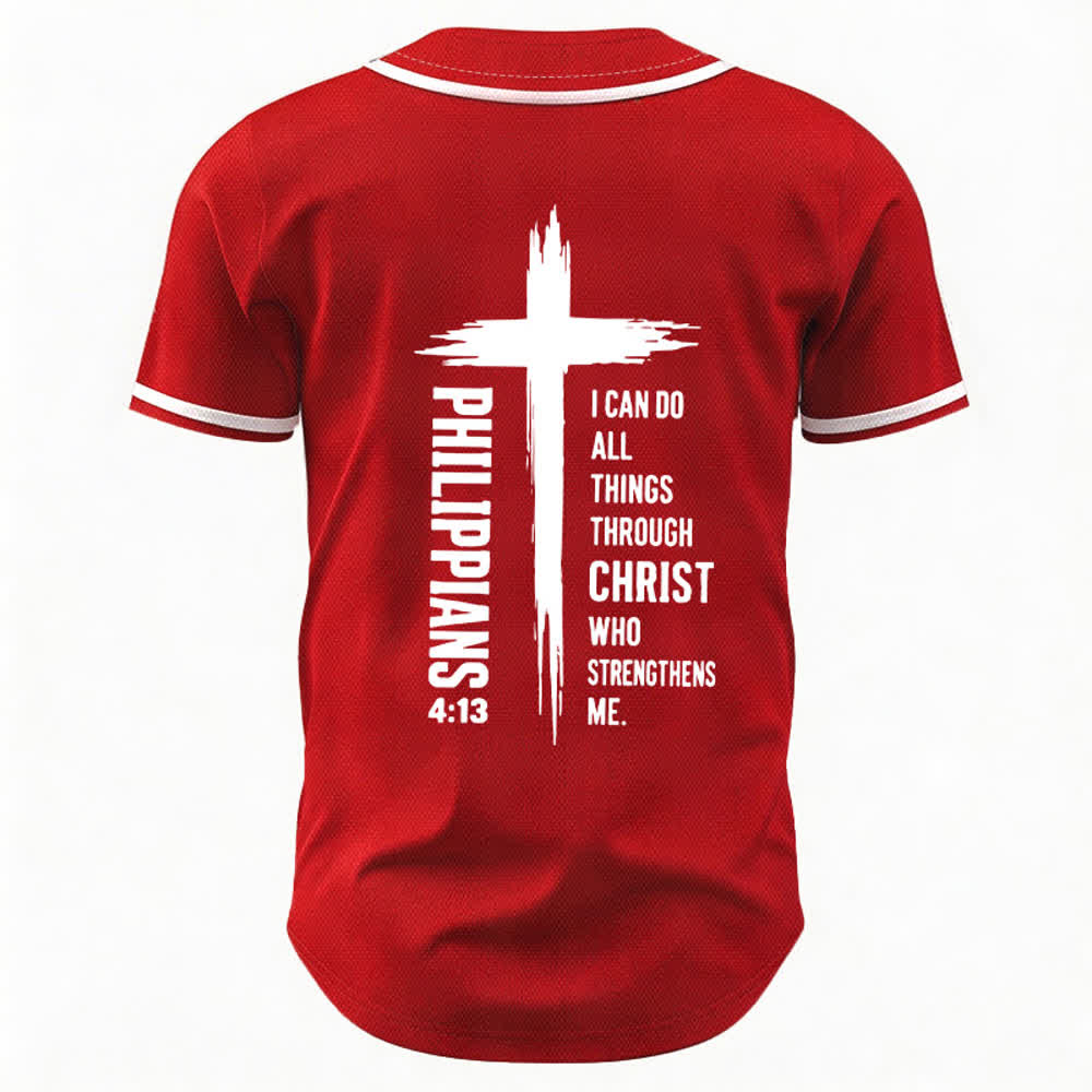 Christianartworkshop Philippians 4:13 Cross Graphic Contrast Trim Baseball Jersey - image 43