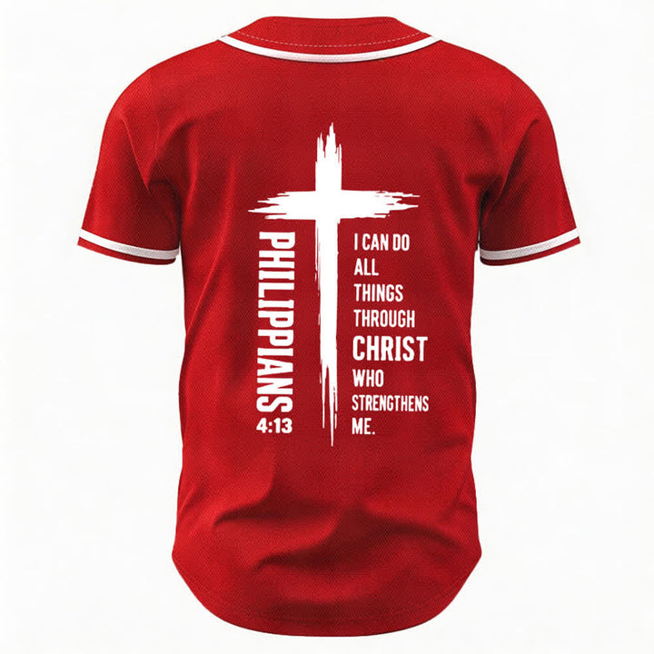 Christianartworkshop Philippians 4:13 Cross Graphic Contrast Trim Baseball Jersey - image 43