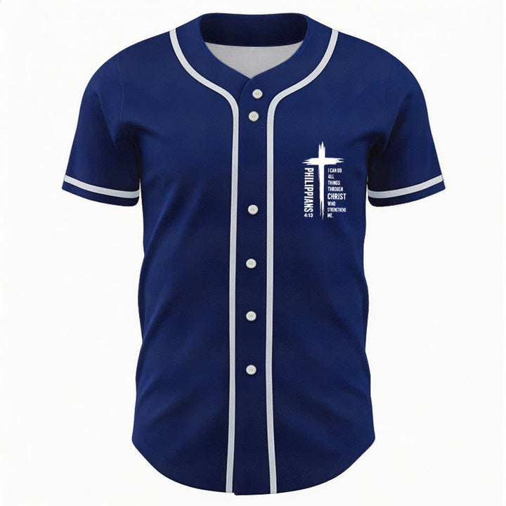 Christianartworkshop Philippians 4:13 Cross Graphic Contrast Trim Baseball Jersey - image 30