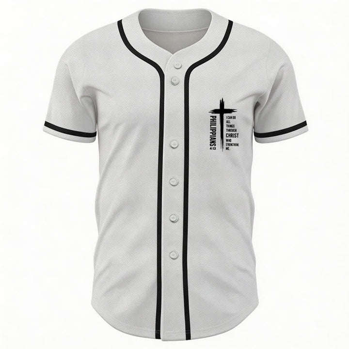Christianartworkshop Philippians 4:13 Cross Graphic Contrast Trim Baseball Jersey - image 37