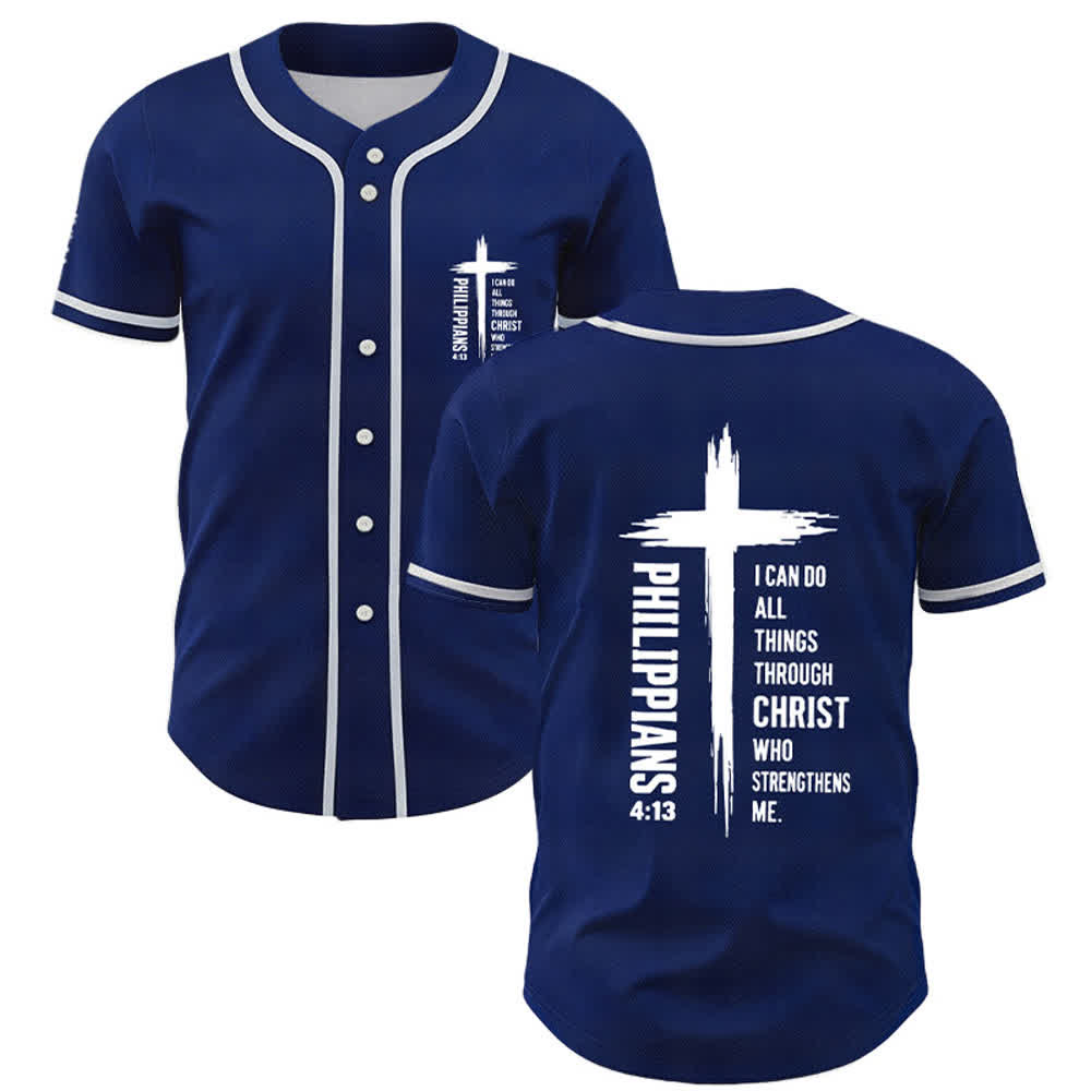 Christianartworkshop Philippians 4:13 Cross Graphic Contrast Trim Baseball Jersey - Navy Blue - 5XL - image 28
