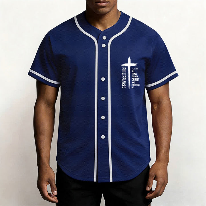 Christianartworkshop Philippians 4:13 Cross Graphic Contrast Trim Baseball Jersey - image 32