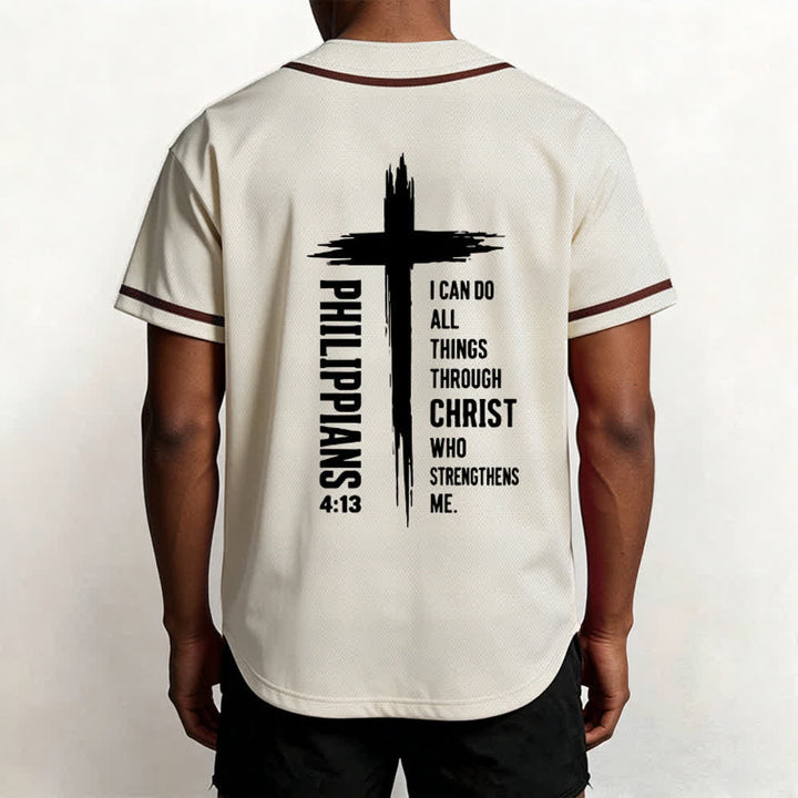 Christianartworkshop Philippians 4:13 Cross Graphic Contrast Trim Baseball Jersey - image 26