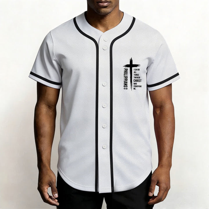 Christianartworkshop Philippians 4:13 Cross Graphic Contrast Trim Baseball Jersey - image 41