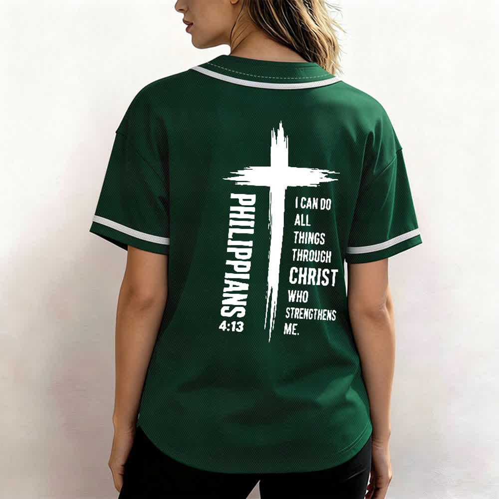 Christianartworkshop Philippians 4:13 Cross Graphic Contrast Trim Baseball Jersey - image 17