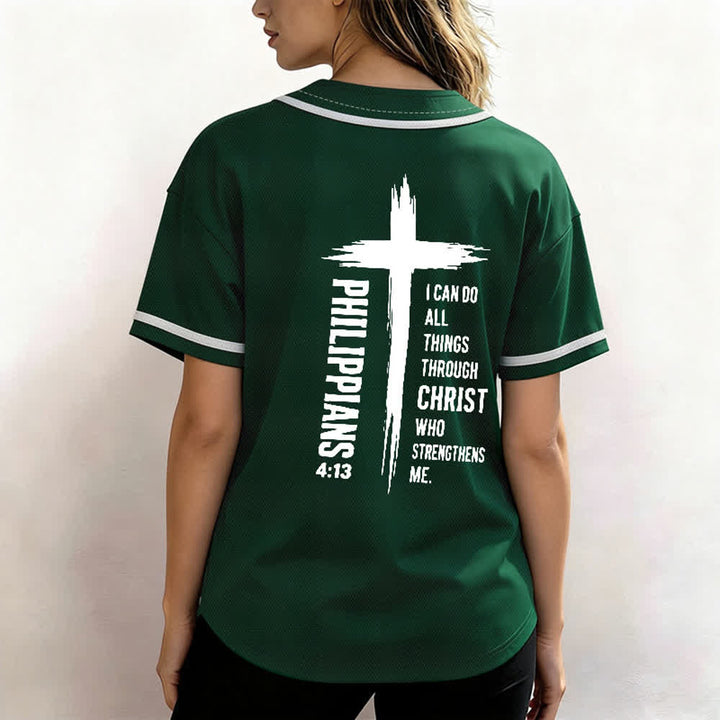 Christianartworkshop Philippians 4:13 Cross Graphic Contrast Trim Baseball Jersey - image 17