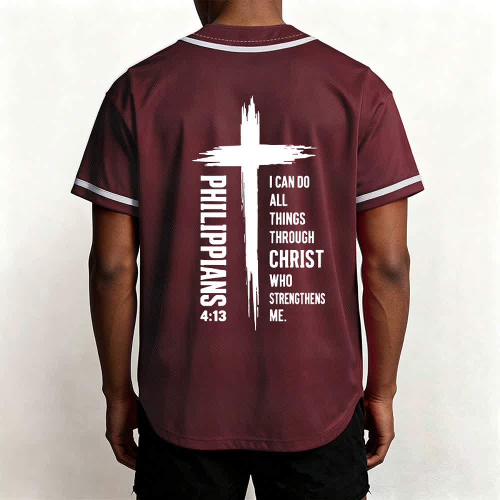 Christianartworkshop Philippians 4:13 Cross Graphic Contrast Trim Baseball Jersey - image 5