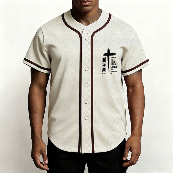 Christianartworkshop Philippians 4:13 Cross Graphic Contrast Trim Baseball Jersey - image 27