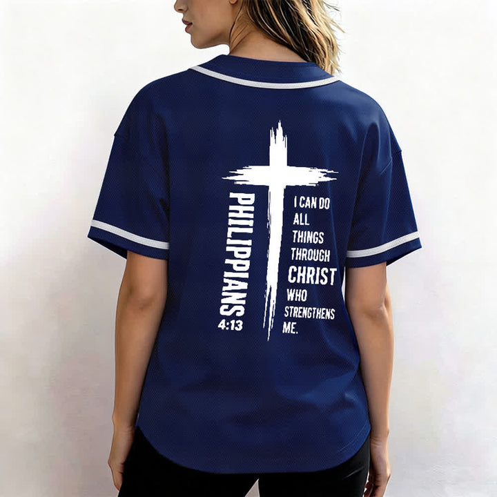 Christianartworkshop Philippians 4:13 Cross Graphic Contrast Trim Baseball Jersey - image 33