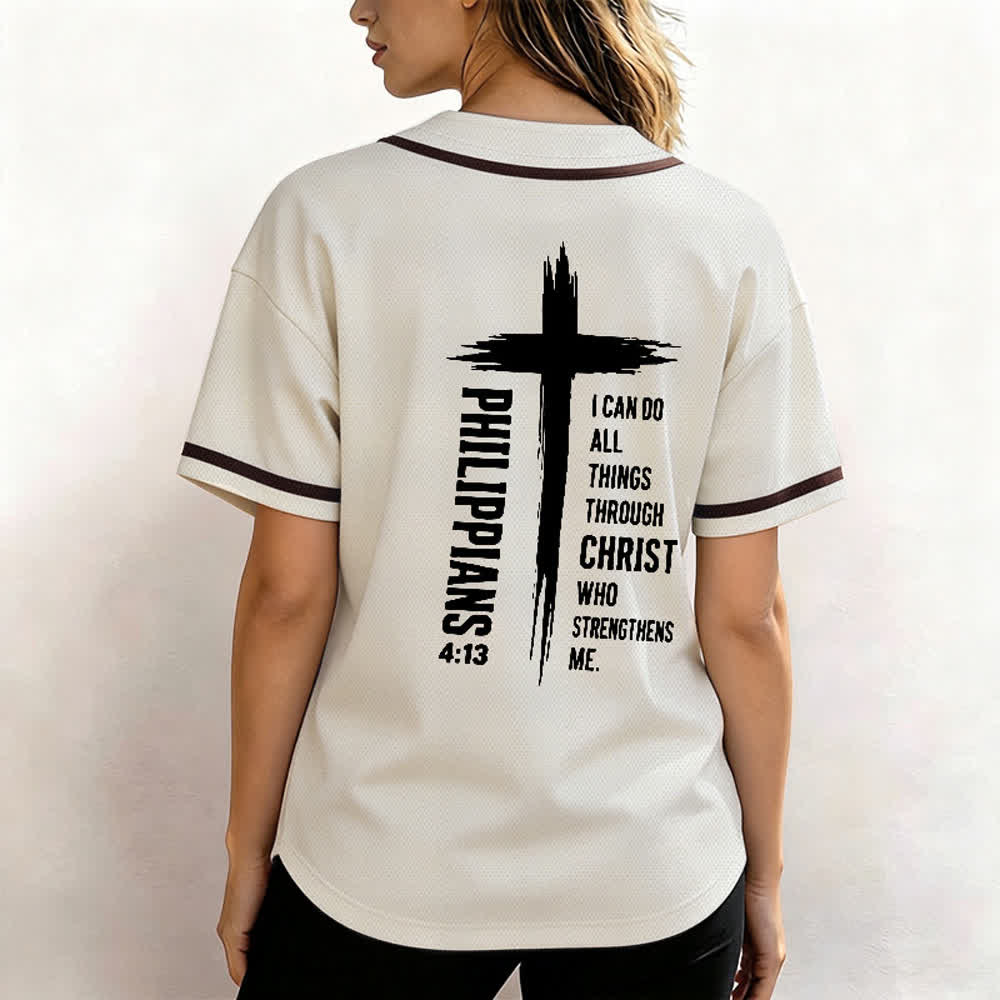 Christianartworkshop Philippians 4:13 Cross Graphic Contrast Trim Baseball Jersey - image 24