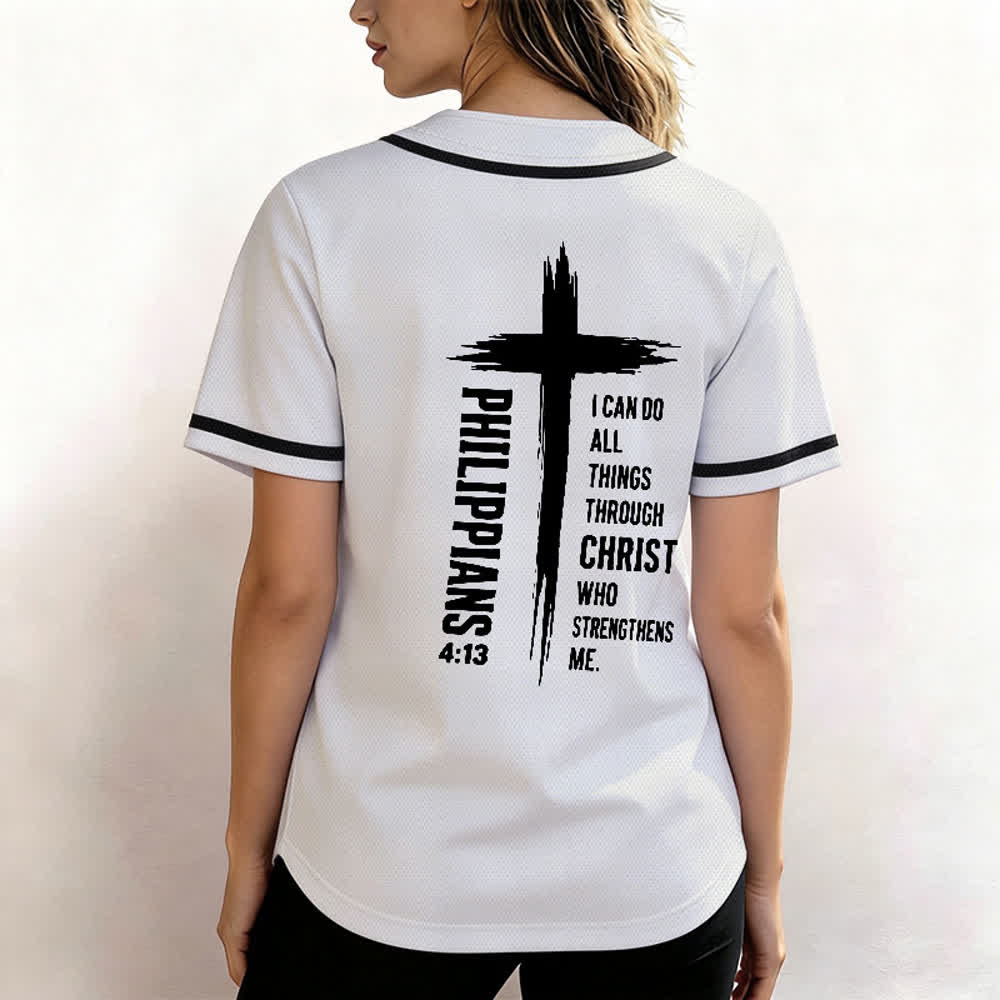 Christianartworkshop Philippians 4:13 Cross Graphic Contrast Trim Baseball Jersey - image 38