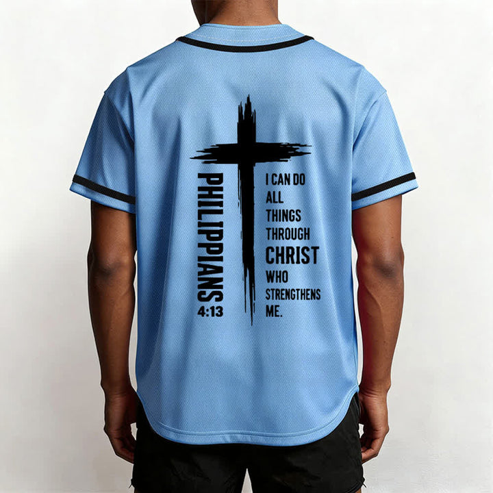 Christianartworkshop Philippians 4:13 Cross Graphic Contrast Trim Baseball Jersey - image 54