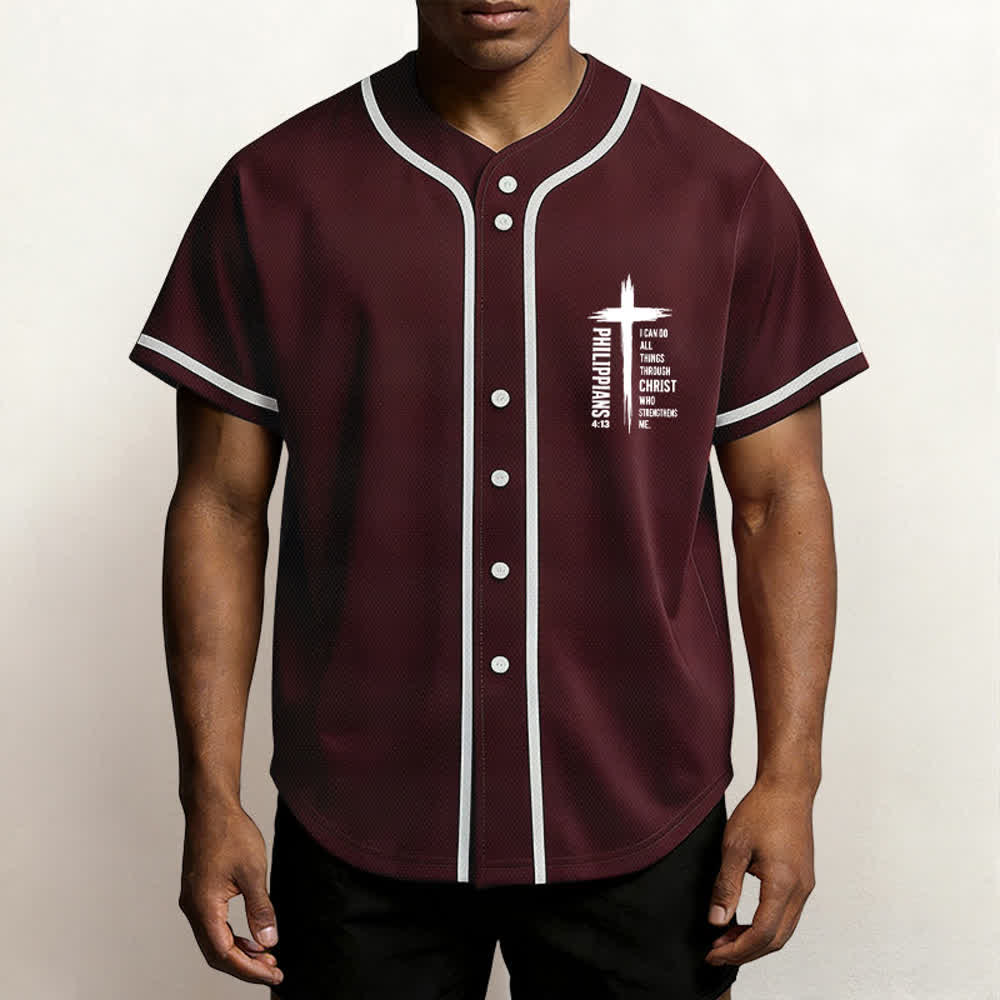 Christianartworkshop Philippians 4:13 Cross Graphic Contrast Trim Baseball Jersey - image 6