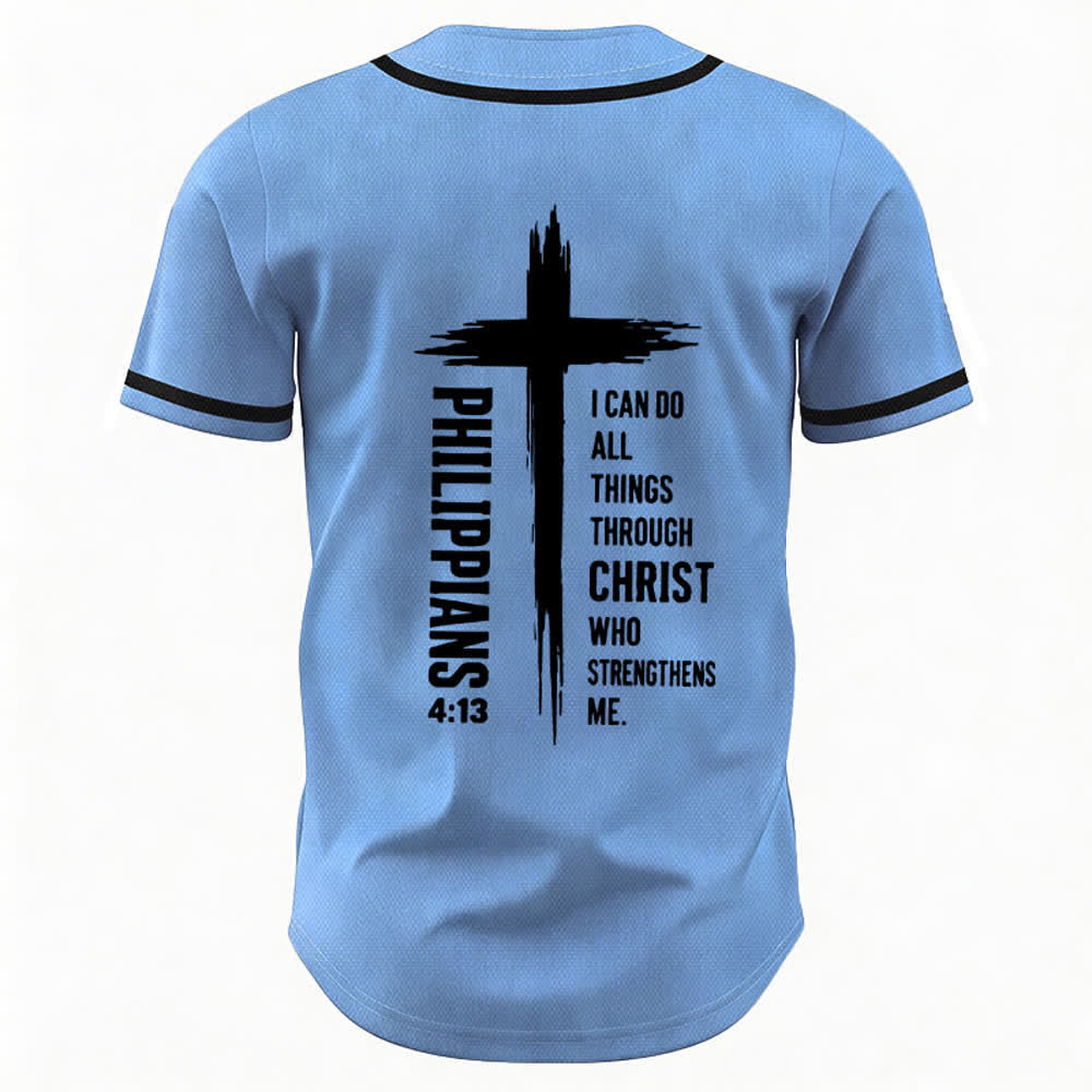 Christianartworkshop Philippians 4:13 Cross Graphic Contrast Trim Baseball Jersey - image 50