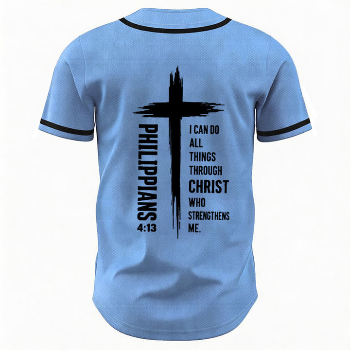 Christianartworkshop Philippians 4:13 Cross Graphic Contrast Trim Baseball Jersey - image 50