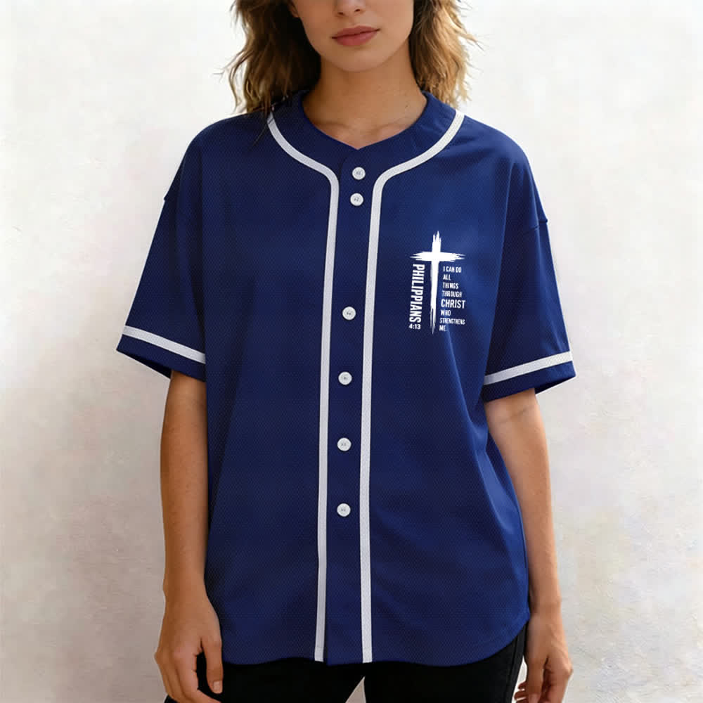Christianartworkshop Philippians 4:13 Cross Graphic Contrast Trim Baseball Jersey - image 34