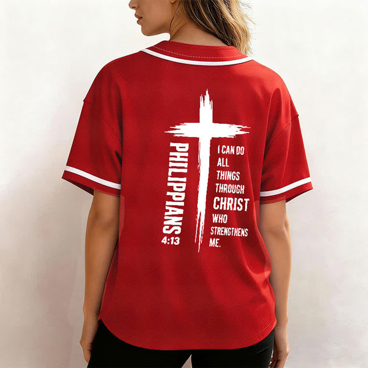 Christianartworkshop Philippians 4:13 Cross Graphic Contrast Trim Baseball Jersey - image 45