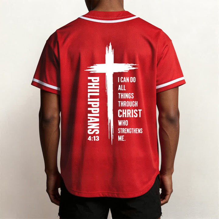 Christianartworkshop Philippians 4:13 Cross Graphic Contrast Trim Baseball Jersey - image 47