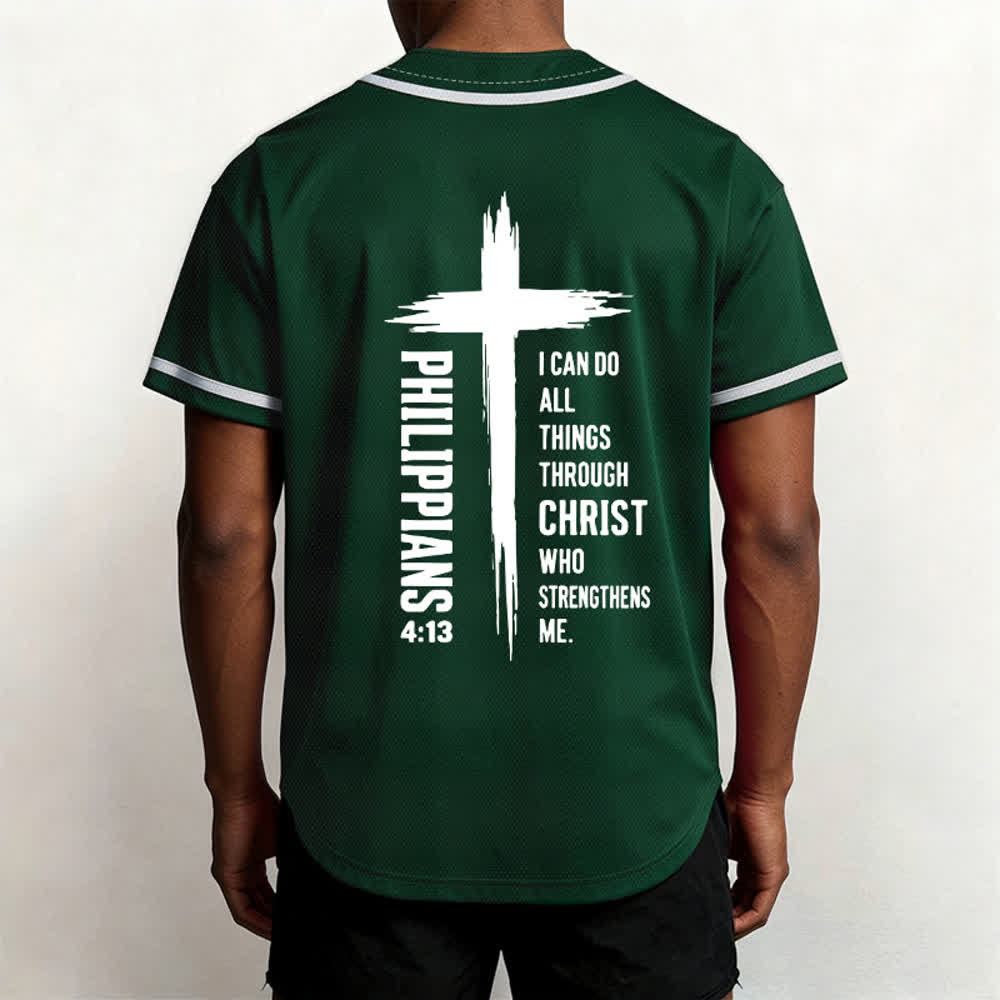 Christianartworkshop Philippians 4:13 Cross Graphic Contrast Trim Baseball Jersey - image 19