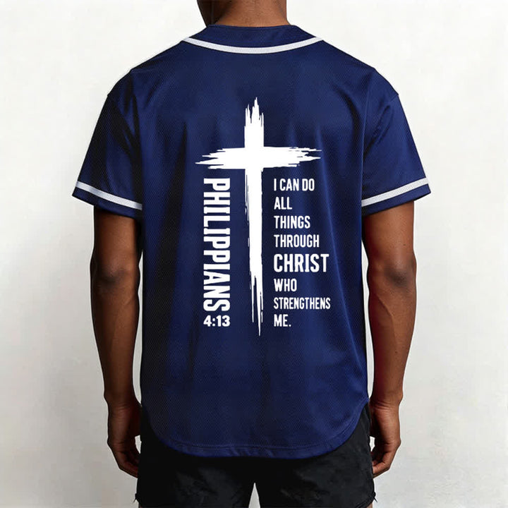 Christianartworkshop Philippians 4:13 Cross Graphic Contrast Trim Baseball Jersey - image 31