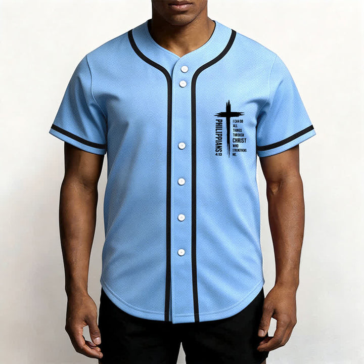 Christianartworkshop Philippians 4:13 Cross Graphic Contrast Trim Baseball Jersey - image 55