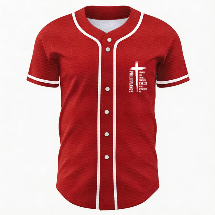 Christianartworkshop Philippians 4:13 Cross Graphic Contrast Trim Baseball Jersey - image 44