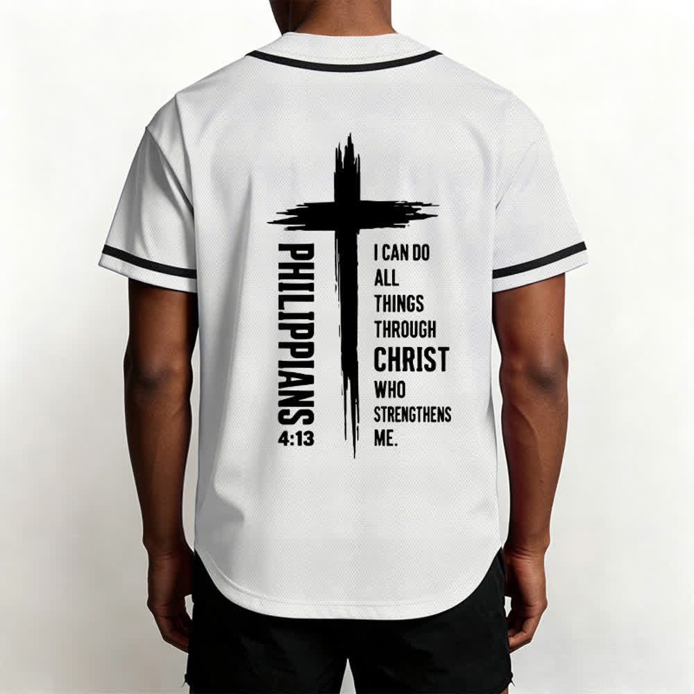 Christianartworkshop Philippians 4:13 Cross Graphic Contrast Trim Baseball Jersey - image 40