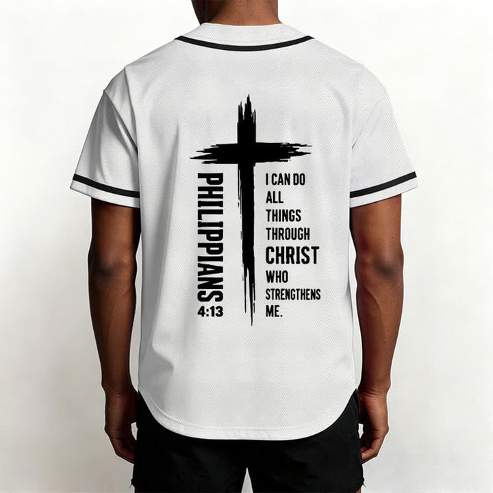 Christianartworkshop Philippians 4:13 Cross Graphic Contrast Trim Baseball Jersey - image 40