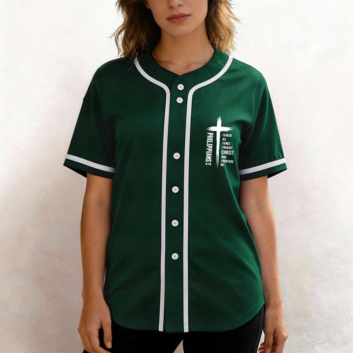 Christianartworkshop Philippians 4:13 Cross Graphic Contrast Trim Baseball Jersey - image 18