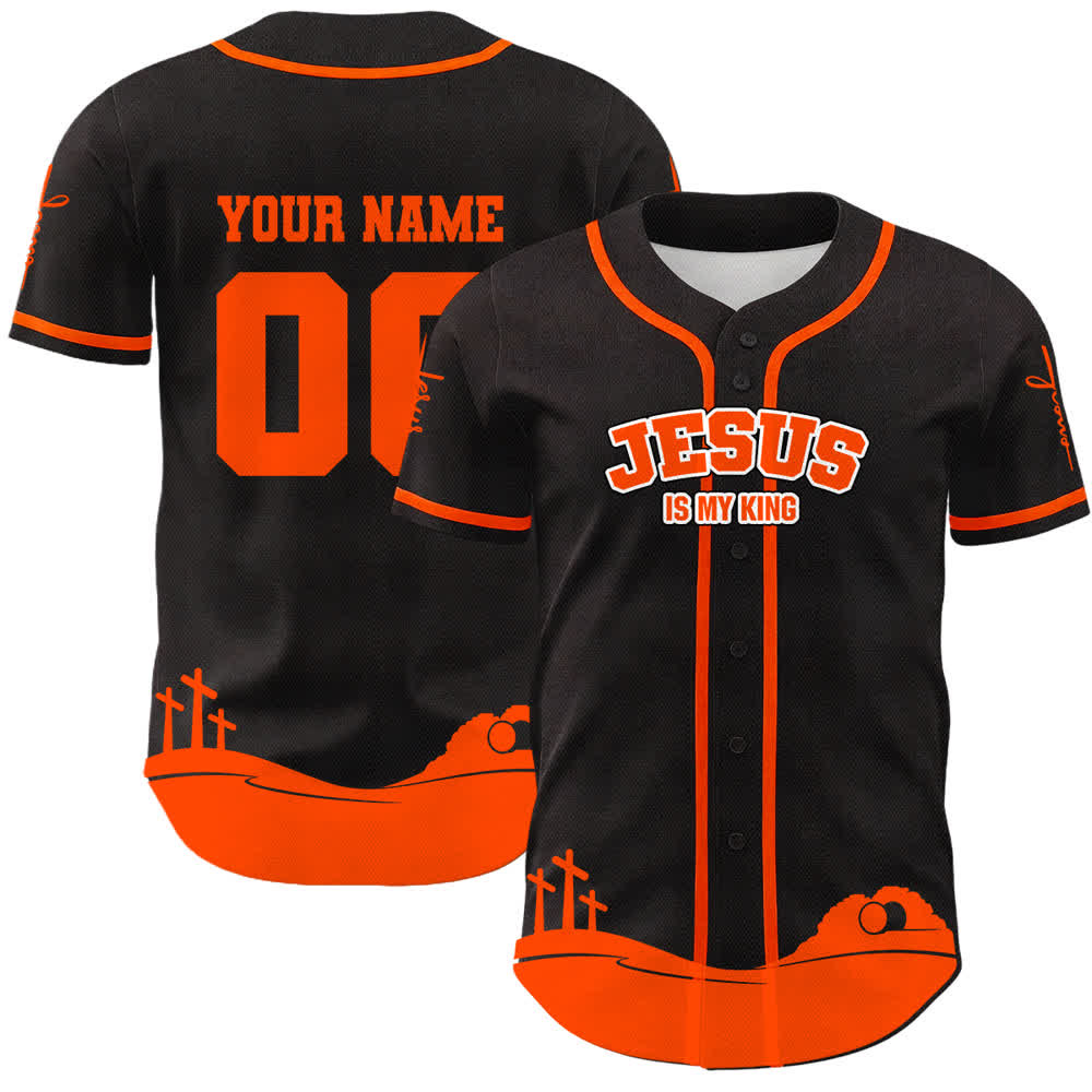 Christianartworkshop Jesus Is My King Personalized Mesh Baseball Jersey - Name & Number Customized - Orange - 5XL - image 0