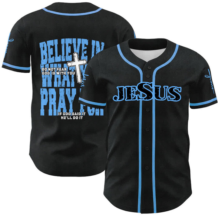 Christianartworkshop Jesus Black Red Button Up Baseball Jersey - Sky Blue - 5XL - image 15