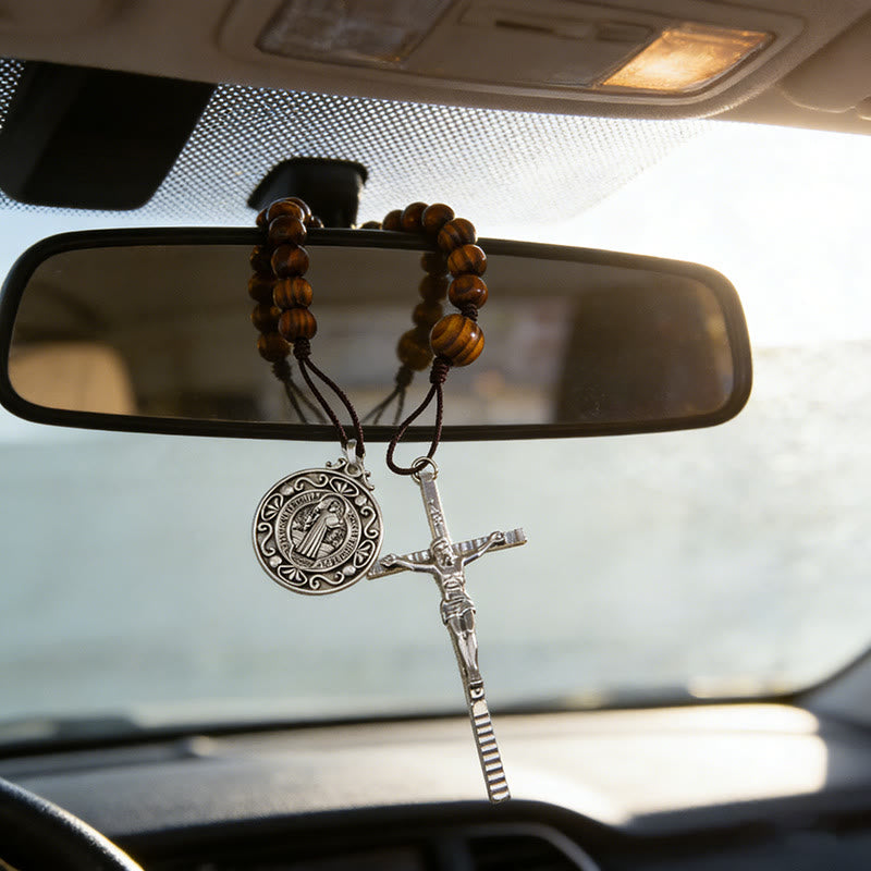 Christianartworkshop Vintage Wood Bead Car Pendant With St.Benedict Medal & Crucifix: Emblem of Stable Roadside Heavenly Protection - Crucifix - image 0