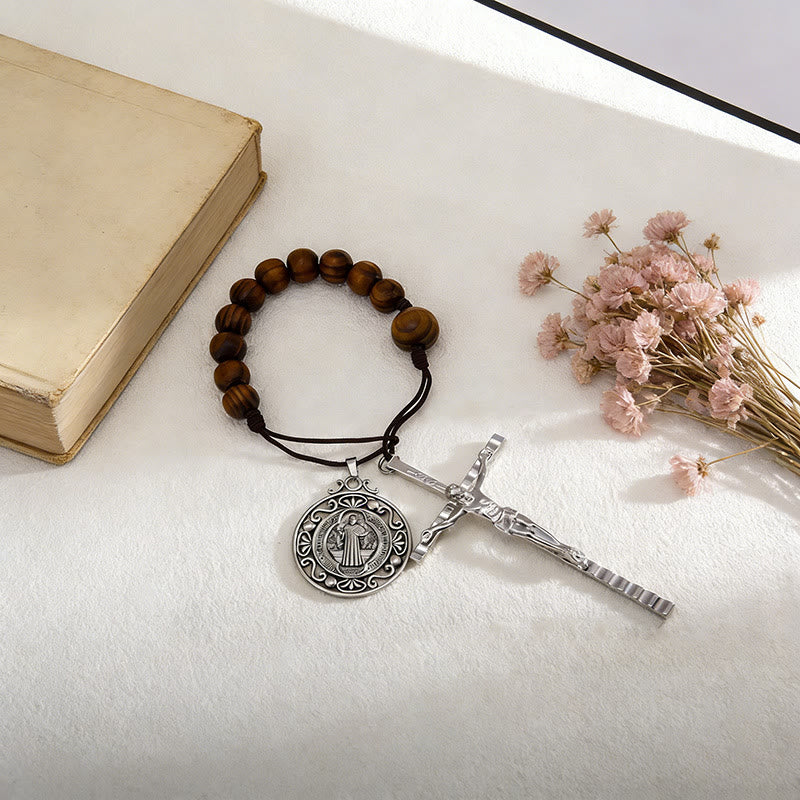 Christianartworkshop Vintage Wood Bead Car Pendant With St.Benedict Medal & Crucifix: Emblem of Stable Roadside Heavenly Protection - image 1