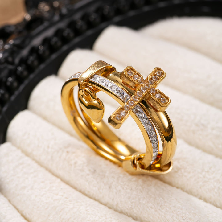 Christianartworkshop Interlocked Dual Band Ring With Paved Crystal Cross & Dangle Heart: Emblem of Warm Divine Protection - image 2