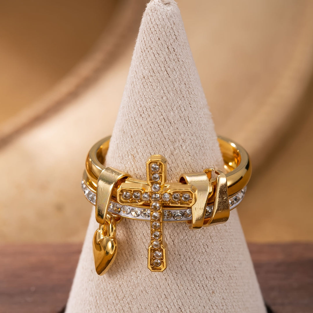 Christianartworkshop Interlocked Dual Band Ring With Paved Crystal Cross & Dangle Heart: Emblem of Warm Divine Protection - US 10 - image 0