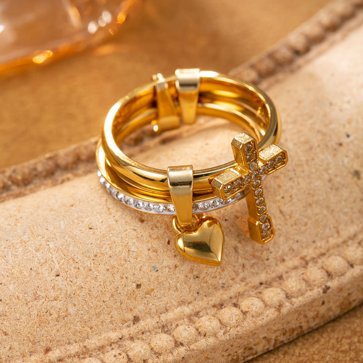 Christianartworkshop Interlocked Dual Band Ring With Paved Crystal Cross & Dangle Heart: Emblem of Warm Divine Protection - image 3