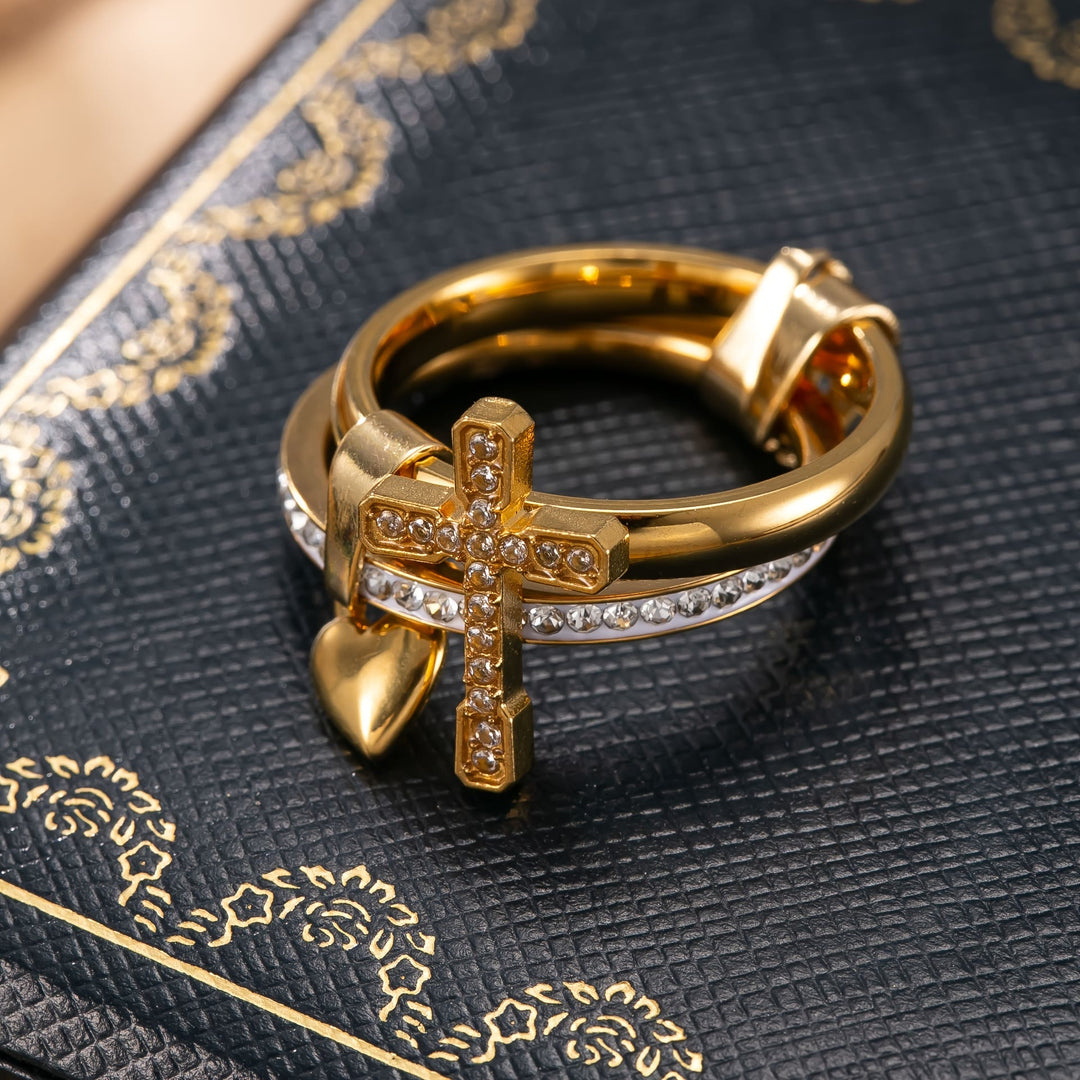 Christianartworkshop Interlocked Dual Band Ring With Paved Crystal Cross & Dangle Heart: Emblem of Warm Divine Protection - image 4