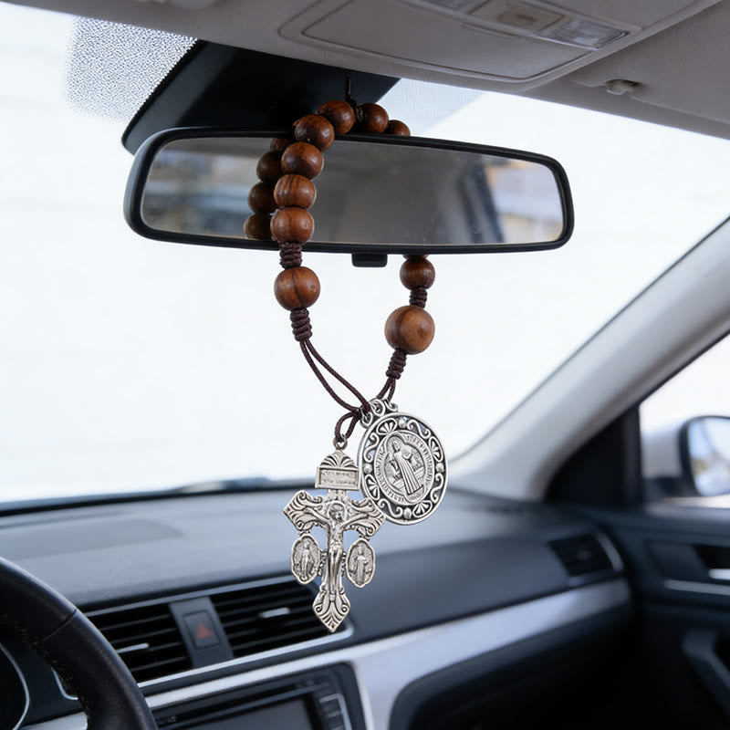 Christianartworkshop Antique Silver Holy Medal Wooden Rosary Car Pendant: Emblem of Gentle Travel Divine Grace - Dark Coffee - image 0
