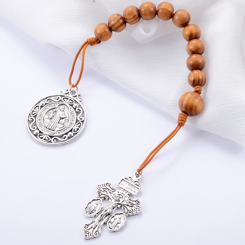Christianartworkshop Antique Silver Holy Medal Wooden Rosary Car Pendant: Emblem of Gentle Travel Divine Grace - image 4