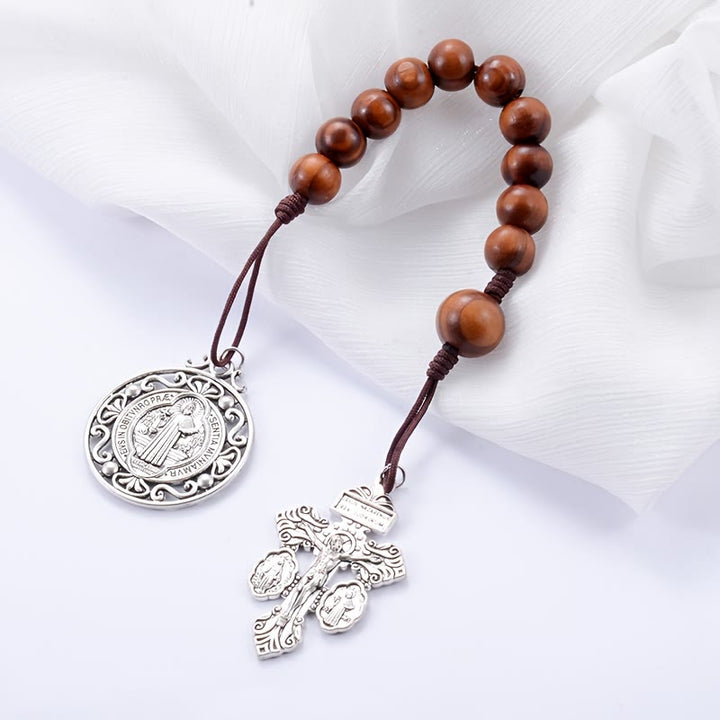 Christianartworkshop Antique Silver Holy Medal Wooden Rosary Car Pendant: Emblem of Gentle Travel Divine Grace - image 2